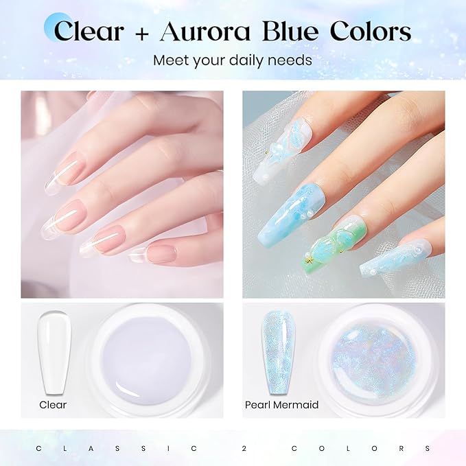 MIZHSE Non-Sticky Solid Builder Gel, Aurora Blue and Clear Sculpting Gel for Nails, Mermaid Pearl Building Carving Modeling Hard Extension 3D Nail Art Salon Home DIY-Velvo Beauty