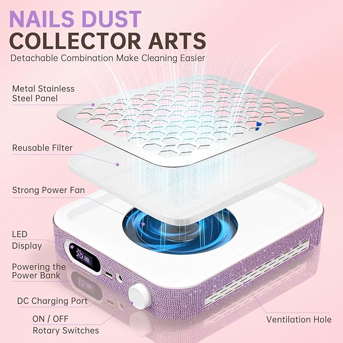 Nail Dust Collector, Rechargeable Dust Collector Nail Tech, Powerful Vacuum Fan Vent Dust Collector Extractor Dust Suction Machine for Acrylic Nails Polishing, Nail Salon&Home,Purple-Velvo Beauty