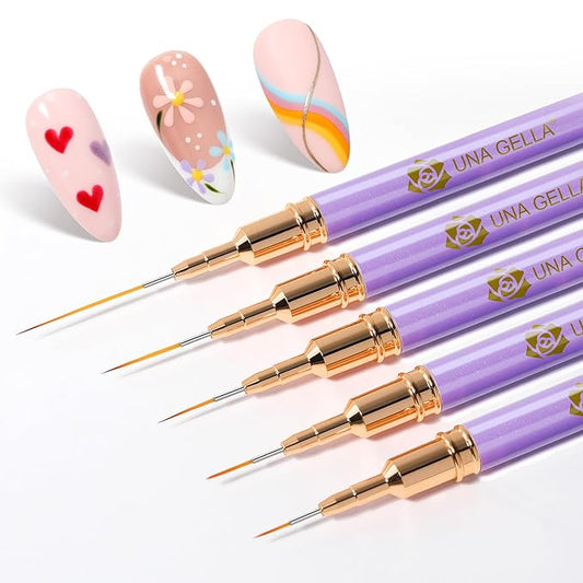 UNA GELLA Nail Art Pens Metallic, Liner Brushes Set For Nail Art Gel Polish, 5Pcs Purple Color, Detail Nail Art Design Painting Brush Set For Nails Gel Fine Drawing Nail Tools, Sizes 7/9/11/15/25mm-Velvo Beauty