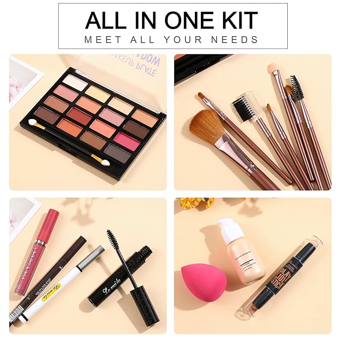 All in One Makeup Kit For Women Girls Teens Makeup set 16 Colors Eyeshadow Palette Foundation Eyeliner Contouring Stick Lip Gloss Eyebrow Mascara Makeup Brushes Makeup Gift Sets-Velvo Beauty