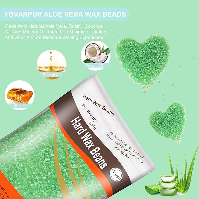 Hard Wax Beads for Brazilian Waxing, At Home Pearl Wax for Bikini, Face, Eyebrow, Legs - 300g (10 Oz) with 10 Wax Spatulas (Light Green-Aloe)-Velvo Beauty