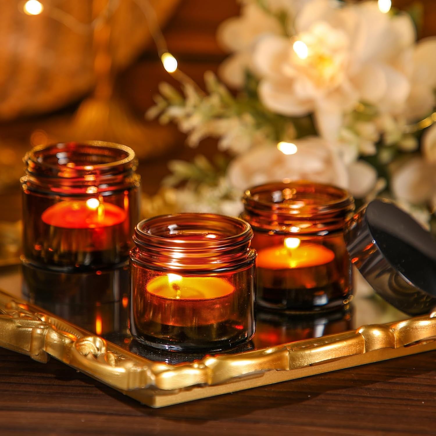 Domensi 48 Pcs 2 oz Glass Jars with Lids Travel Size Round Leakproof Empty Cosmetic Jars with Inner Liners Lid for Storing Makeup Lotions Face Cream Ointments Candle DIY Making (Amber)-Velvo Beauty