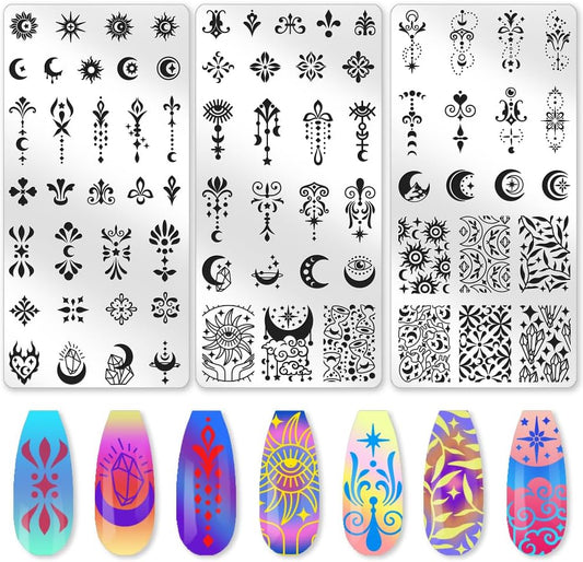 3Pcs Moon Nail Stamping Plate Set Star Sun Meteors Bohemia Stainless Steel Nail Stamp Templates Clear Silicone Nails Stamping with Stamper Scraper for Manicure Printing-Velvo Beauty