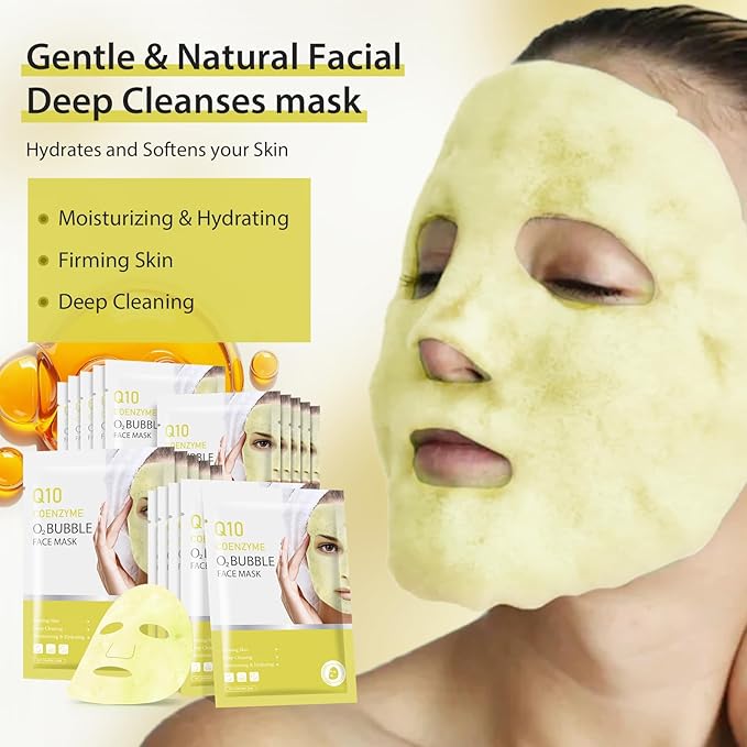 10 Sheets Coenzyme Q10 O2 Bubble Masks for Face, Bubble Face Mask Skincare for All Skin Types, Deep Cleansing Moisturizing Facial Mask Skin Care for Pores, Firming, Purifying, Sheet Masks for Spa-Velvo Beauty