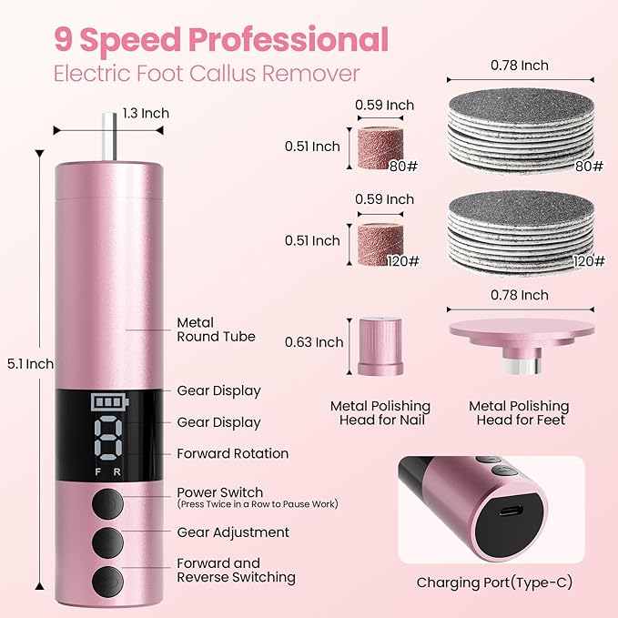 Electric Callus Remover for Feet, Rechargeable Professional Electronic Foot File Nail Grinder,9 Adjustable Speed Foot Sander Scrubber Pedicure Tool for Dry Dead Skin with Sandpaper Discs (Pink)-Velvo Beauty