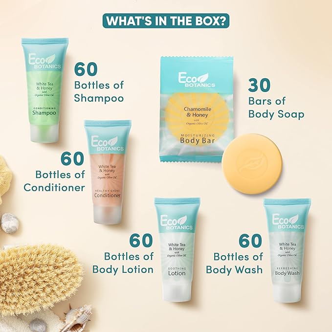 Eco Botanics Hotel Soaps & Toiletries Bulk Set | 0.85oz Hotel Shampoo & Conditioner, Body Wash, Body Lotion & Bar Soap Travel Size | 300 Pieces-Velvo Beauty