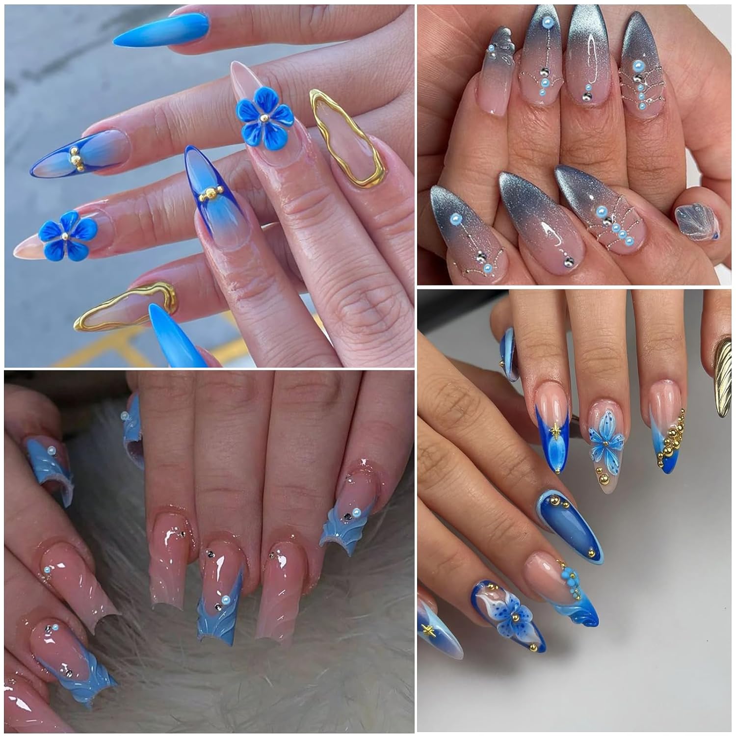 Nail Art Pearls with Rhinestones Glue Gel Flatback Pearls Nail Charms Luxurious Nails Supplies Accessories Gold Silver Gems Jewelry Pearl for Women Nails Design(Blue)-Velvo Beauty