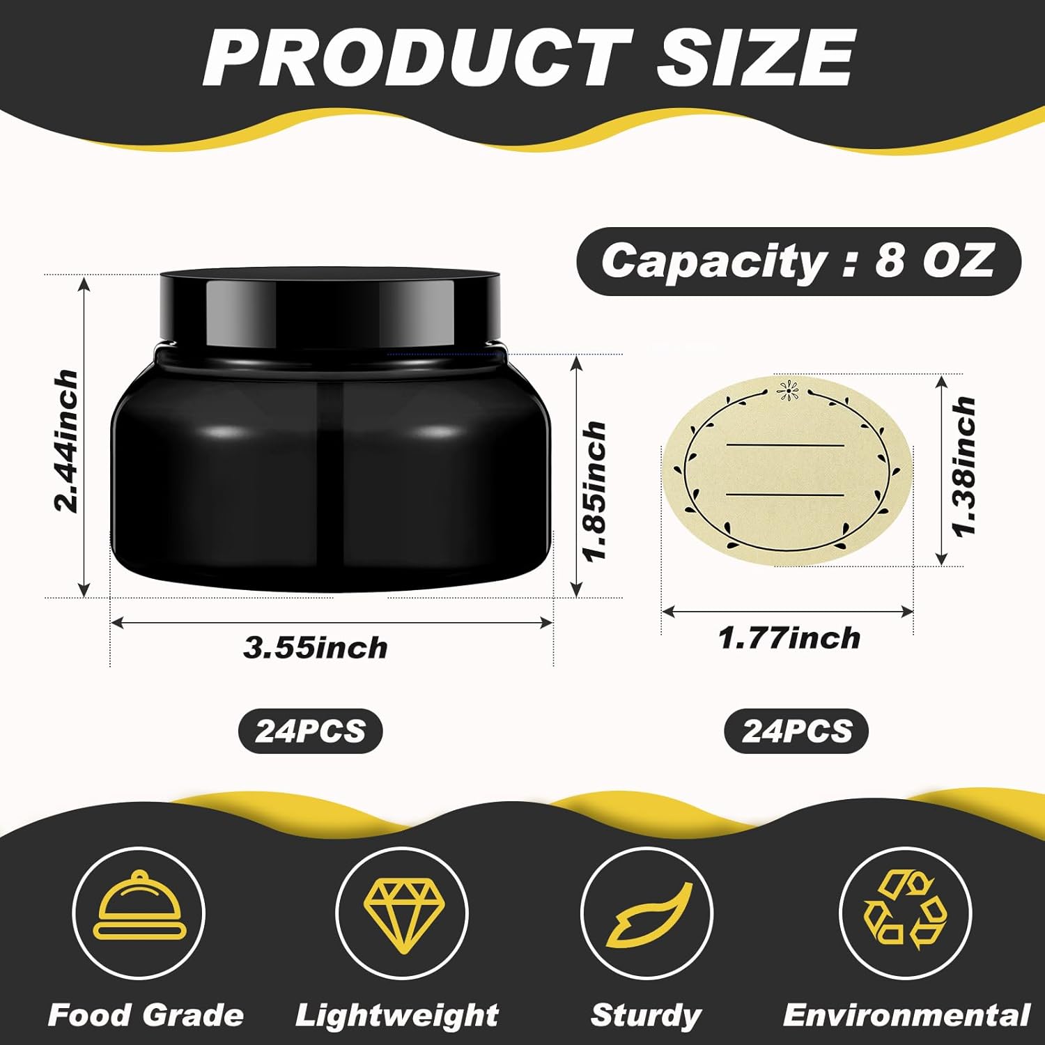 Tessco 24 Pack Plastic Jars with Lids Labels Empty Clear Plastic Jars Round Refillable Cosmetic Containers Body Butter Containers Bulk Sugar Scrub Bottle for Make Up(8 oz,Black)-Velvo Beauty