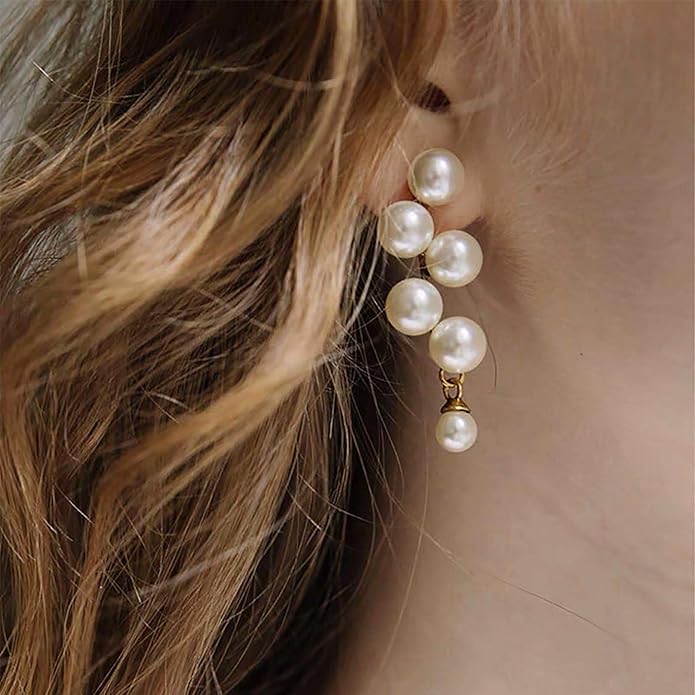 Boho Pearl Drop Earrings Long Pearl Tassel Earrings Gold Cluster Pearl Stud Earrings Bridal Pearl Earrings Wedding Earrings Jewelry for Women-Velvo Beauty