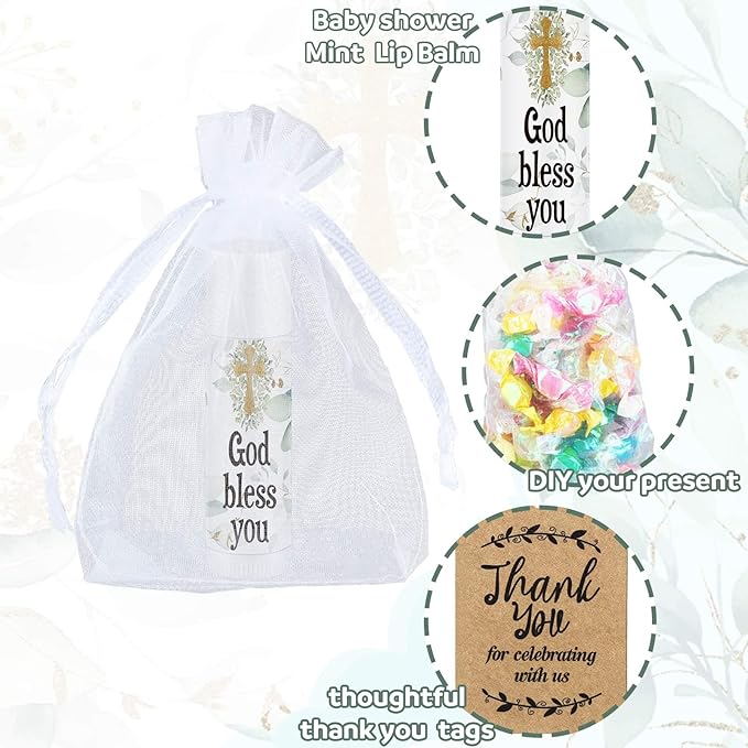 Demissle 50 Pcs Baby Shower Lip Balm Gift Set with 100 Pcs Organza Bags Baby Shower Party Favor for Guest Thank You Tag Rope Baby Shower Party Decoration Gender Reveal Souvenirs (God Bless You)-Velvo Beauty