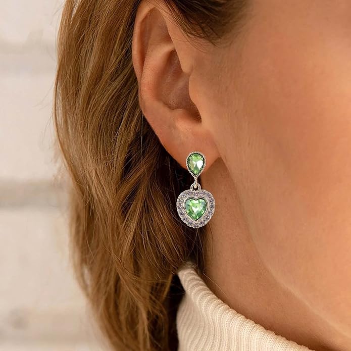 Vintage Emerald Heart Earrings Emerald Cz Teardrop Earrings Rhinestone Heart Drop Earrings Green Gemstone Stud Earrings Jewelry for Women(Green)-Velvo Beauty