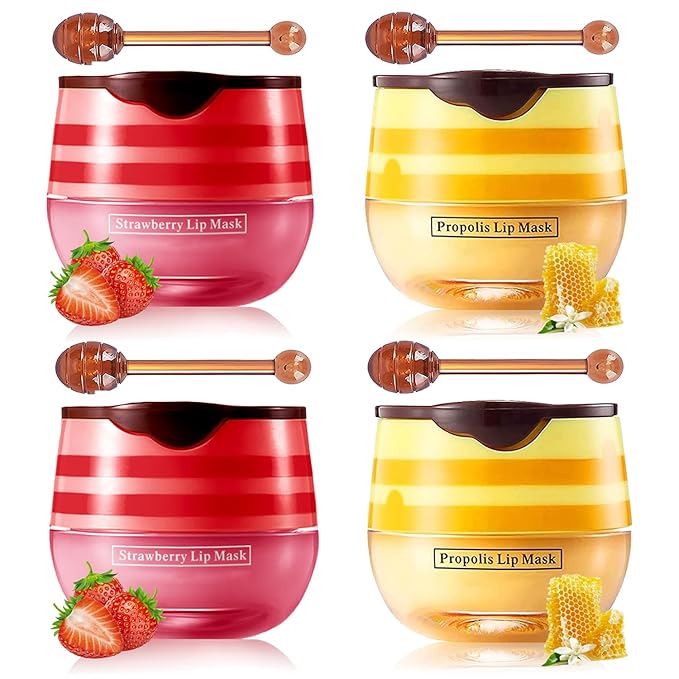 Honey Lip Balm Pot Lip Mask, Hydrating Propolis Lip Sleeping Mask, Prevent Dry&Cracked, Lip Repair Nourishes the Lip Skin (2pcs honey & 2pcs strawberry)-Velvo Beauty