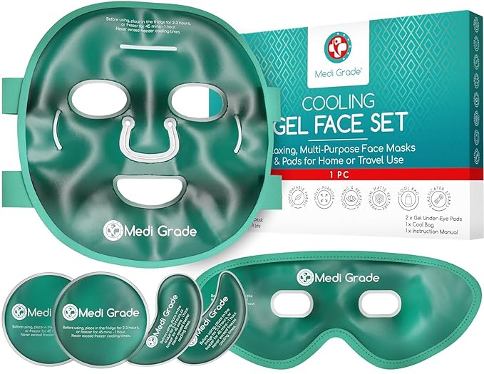 Medi Grade Cooling Ice Face Mask and Cooling Eye Mask for Puffy Eyes & Migraine Relief - Self Care Face Ice Pack with ChillGel Face Ice Mask Technology - Cooling Face Mask, Eye Pads and Bag-Velvo Beauty