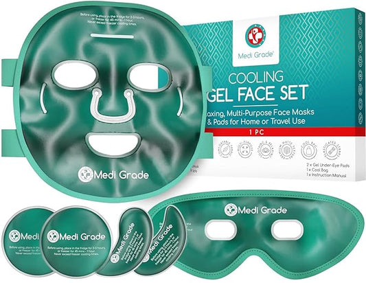 Medi Grade Cooling Ice Face Mask and Cooling Eye Mask for Puffy Eyes & Migraine Relief - Self Care Face Ice Pack with ChillGel Face Ice Mask Technology - Cooling Face Mask, Eye Pads and Bag-Velvo Beauty