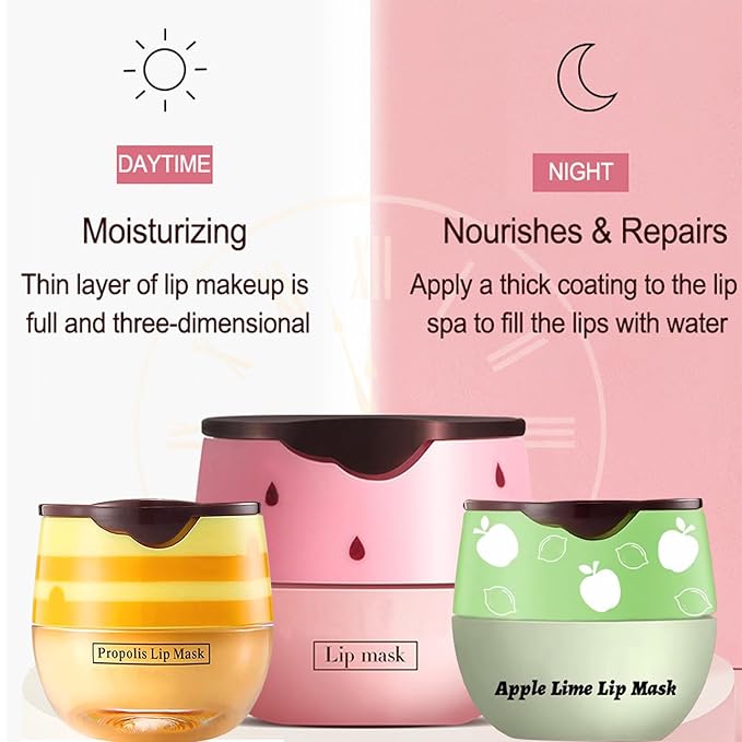 3 PCS Bee Lip Balm Lip Mask Honey Pot, Honey & Strawberry & Apple Lime Lip Mask Overnight Propolis Moisturizing Lip Balm with Stick,Hydrating Repair Lip Sleeping Mask,Prevention Dry and Cracked-Velvo Beauty