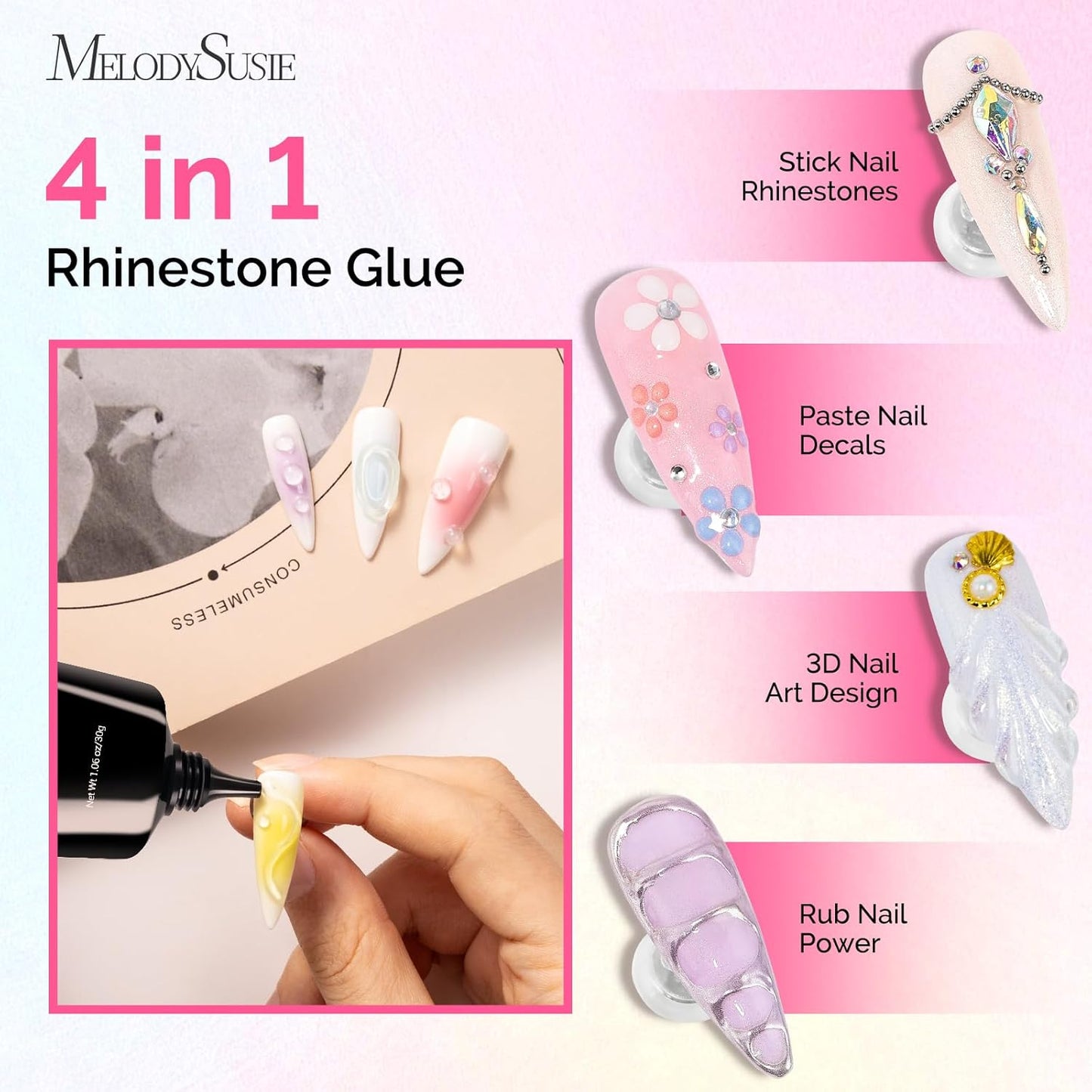 MelodySusie Nail Rhinestone Glue for Nails Super Strong Gel for Nail Charms Gems 3D Nail Gel UV Nail Glue for Nail Art Design Nail Chrome Powder Decals Decor Need UV/LED Cured 60g-Velvo Beauty