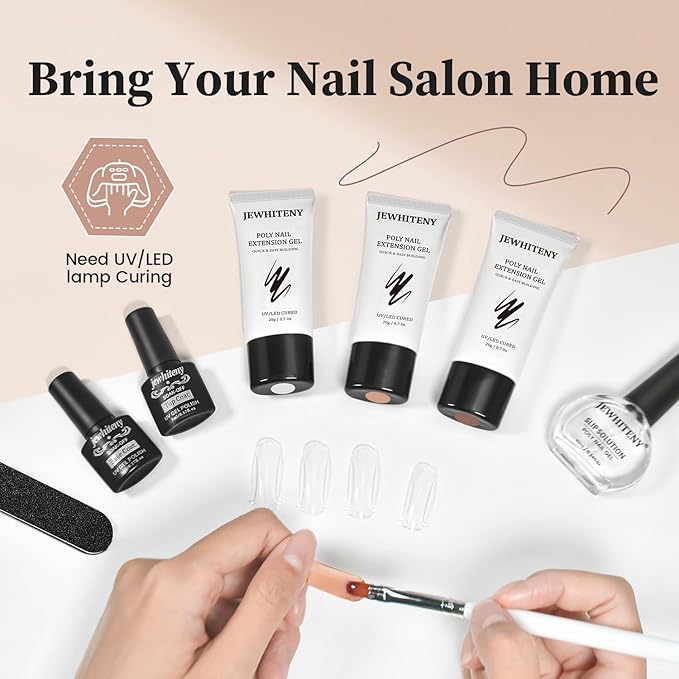 JEWHITENY Poly Nail Gel Set Clear Nude Brown Neutral Classic Color Base and Top Coat Slip Solution Poly Extension Gel With Acrylic Nail Builder Need U V Lamp Curing-Velvo Beauty
