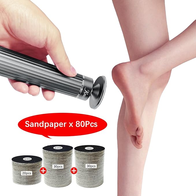 5.3'' Electric Foot Callus Remover with 80pcs Sandpaper Discs & Brush, Professional Aluminum Ergonomic Pedicure Tool, Stepless Speed & Reverse Control for Dead Skin Removal (Grey)-Velvo Beauty