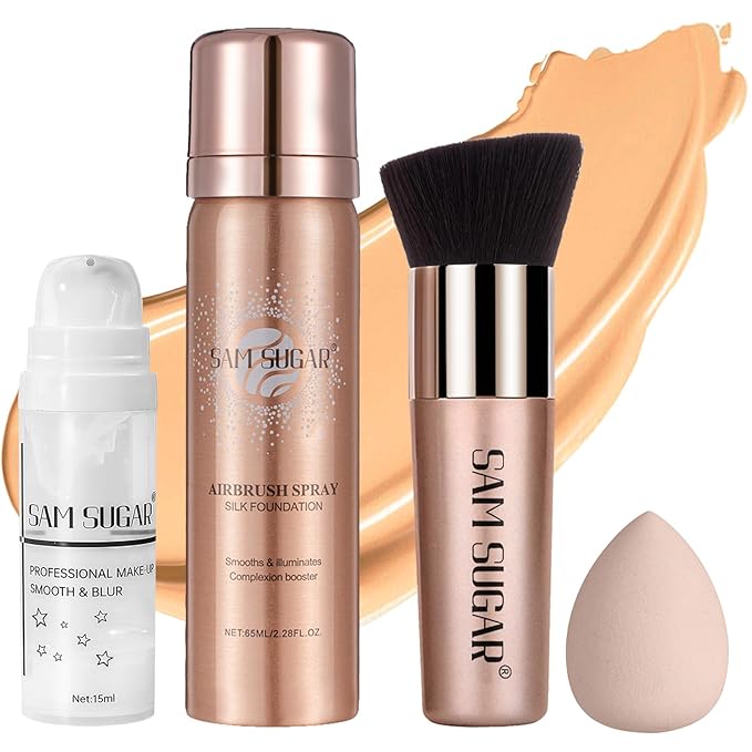 AirBrush Foundation Spray Set, Spray Foundation Makeup and Hydrating Face Primer Kit, Longwear Waterproof Liquid Matte Foundation Mist for Flawless Look, Brush and Sponge Include (#4 Warm Beige)-Velvo Beauty