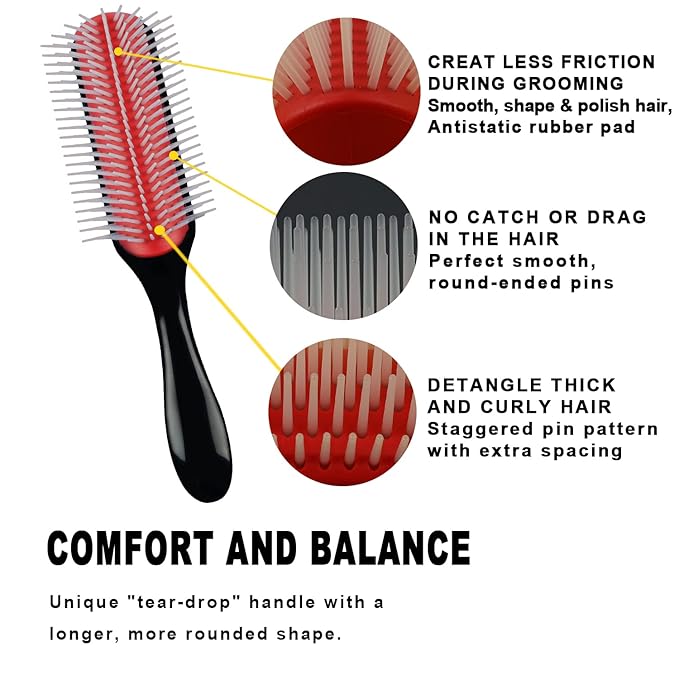 Classic Styling Hair Brush for Wet or Dry Curly Hair. 9 Row Black Brush for Detangling, Separating, Shaping-Velvo Beauty