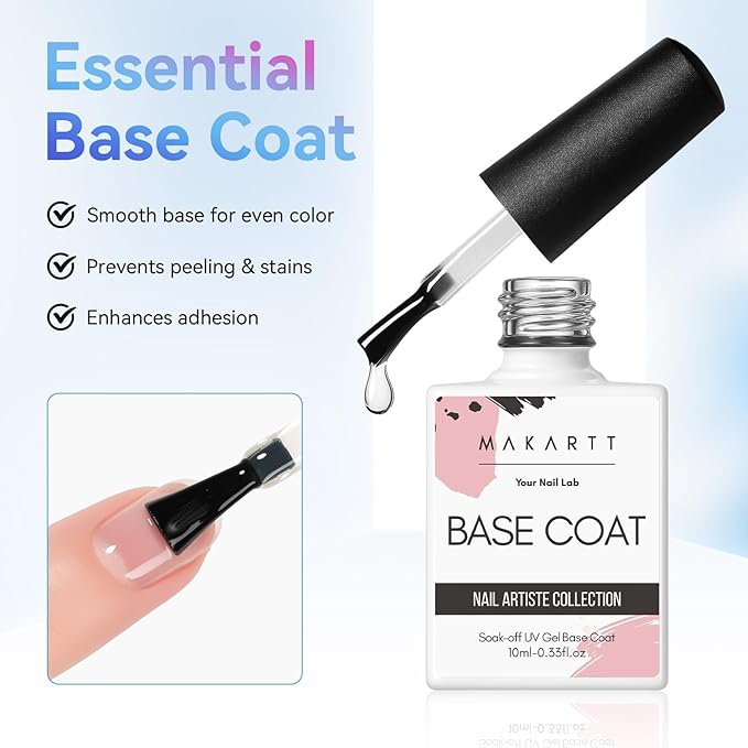 Makartt 2 Pcs Gel Top Coat and Base Coat Set - No Wipe Shine Finish Soak Off Base Top Coat Long Lasting for Gel Nail Polish, LED UV Lamp Need, Salon Quality Nail Manicure Gifts, 10ML-Velvo Beauty
