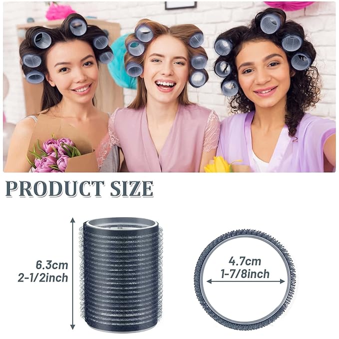 Acejoz Hair Rollers, 12Pcs Large Self Grip Hair Rollers with 12Pcs Stainless Steel Duckbill Clips, for Long Medium Thick Hair Volume (Navy Blue)-Velvo Beauty