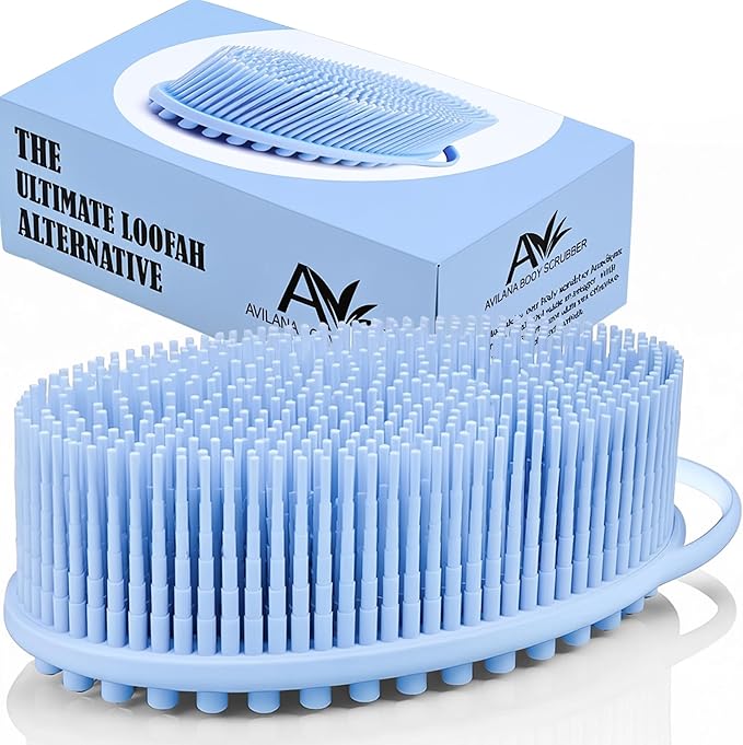 Avilana Silicone Body Scrubber – Gentle Shower Brush & Loofah Alternative- Food Grade & Lab Tested – Fast-Drying, Hygienic, BPA-Free Silicone Body Gentle Exfoliator (Blue, Massage)-Velvo Beauty