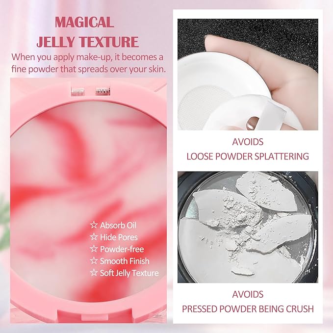 Oil Control Pressed Setting Powder, Matte Soft Jelly Texture Powder-free Face Powder, Long-Lasting Waterproof Pressed Powder Makeup, Flawless Lightweight Face Cosmetics - Pink-Velvo Beauty