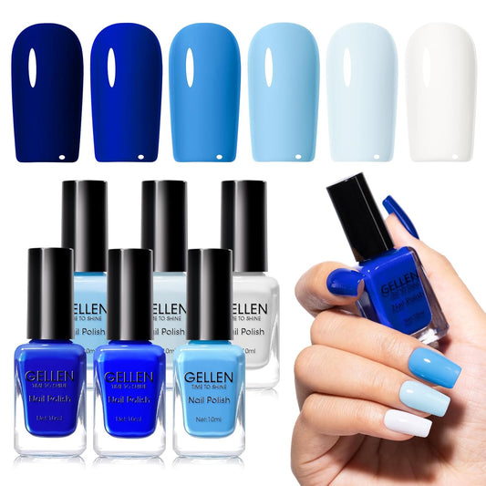 GELLEN Blue Nail Polish, Bright Navy Royal Baby Ocean Cobalt Blue White 6 Colors Set, insta Air Dry Natural Traditional Regular Nail Polish for Acrylic Natural Nails Salon Home, Non UV Gel, Hema Free-Velvo Beauty
