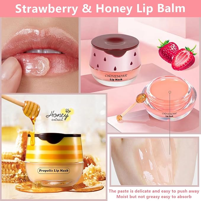 2 Pcs Strawberry & Honey Lip Balm, Lip Mask with Stick, Moisturizing Lip Sleeping Mask Day & Night Lip Care - Hydrate Repair Prevent Dry Cracked Exfoliate (Honey+Strawberry)-Velvo Beauty
