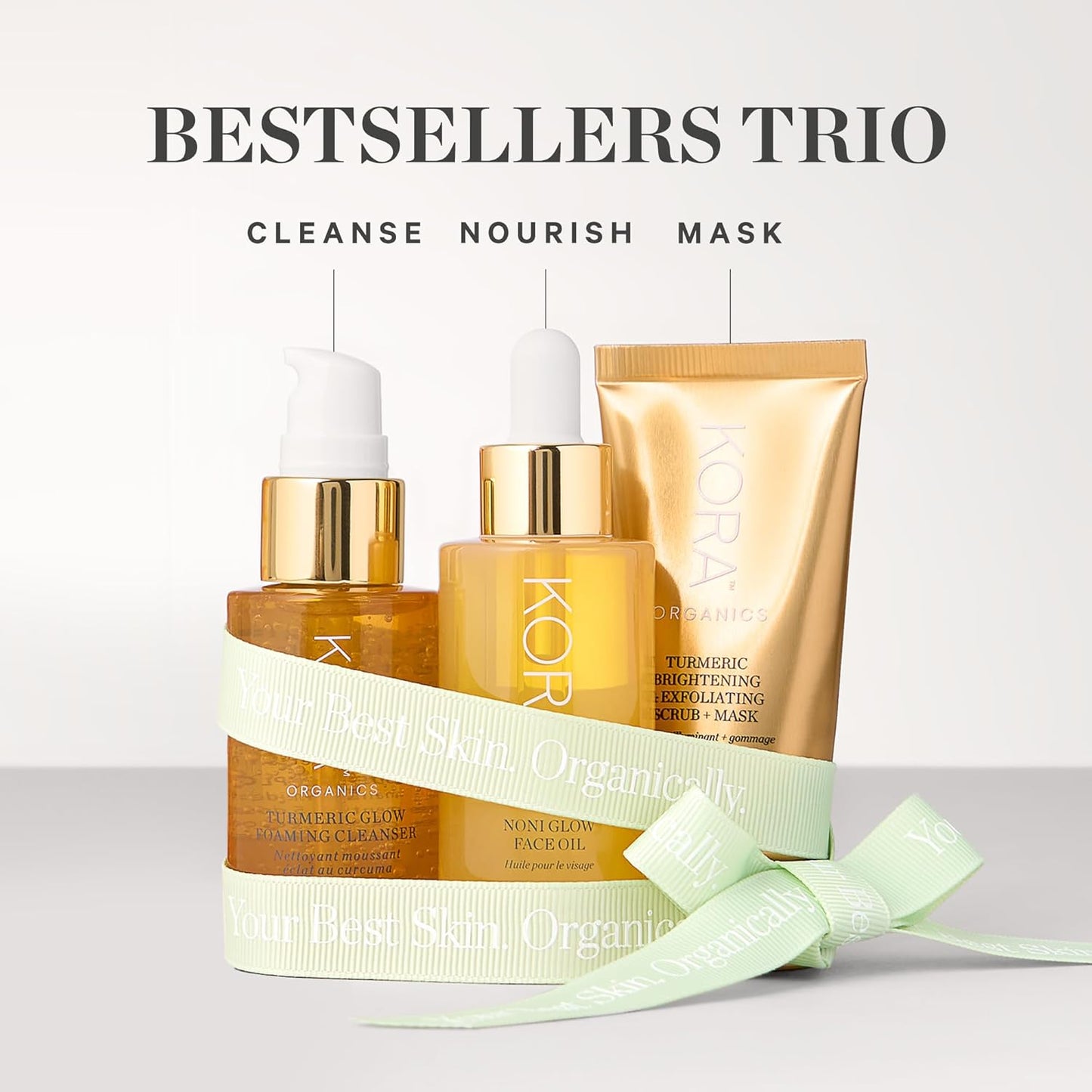 KORA Organics Best Sellers Trio, Gift Set with Noni Glow Face Oil, Turmeric Brightening & Exfoliating Mask and Foaming Cleanser (3 Items)-Velvo Beauty