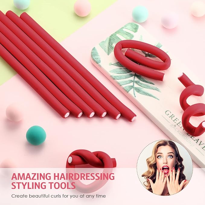 Syhood 30 Pcs 7'' Flexible Curling Rods Twist Foam Hair Rollers Soft Foam No Heat Hair Rods Rollers and 1 Steel Pintail Comb Rat Tail Comb for Women Long Short Hair(Red,7 x 0.3 Inch)-Velvo Beauty