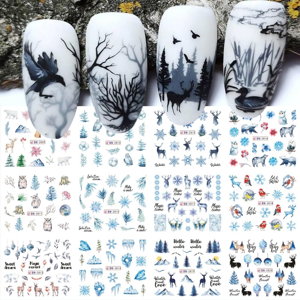 12 Sheets Snowflake Nail Art Stickers Water Transfer Nail Decals Christmas Nail Art Decorations Blue Snowflake Elk Santa Tree Bear Cute Winter Pattern Watermark Nail Stickers for Women DIY Nail Supply-Velvo Beauty
