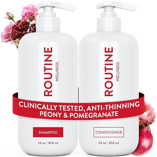 Routine Wellness Anti-Thinning Shampoo and Conditioner Set for Thinning Hair - Biotin DHT Blocker Women & Men - Color Safe Shampoo for Hair Loss & Healthier Hair - Peony & Pomegranate (Pack of 2)-Velvo Beauty