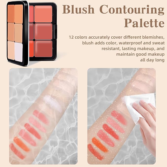 12 Colors Cream Blush Palette, Color Correcting Concealer Foundation Palette, Long Wearing Smudge Proof Blendable Matte Finish Blush Powder Highlighter and Cream Contour Palette Makeup (01)-Velvo Beauty
