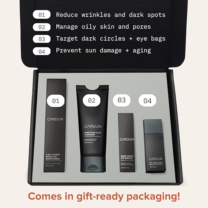 Limited Edition Men's Skincare Gift Set, Cardon Anti-Aging Korean Skincare Routine, Cactus-based, All Skin Types, Face Wash, Face Moisturizer with Sunscreen, SPF 30, Night Lotion, Eye Cream (4 CT)-Velvo Beauty