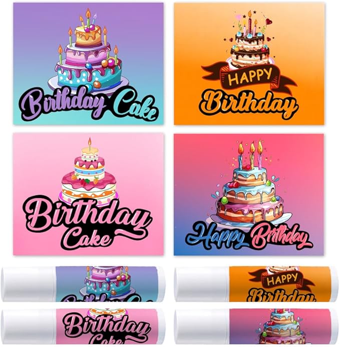 OLYCRAFT 100Pcs 4 Styles Lipstick Tag Stickers Birthday Cake Lip Balm Label Sticker 2.1x1.7 inch Self Adhesive Lipstick Labels with Happy Birthday for Lip Balm Container Tubes Wrapping Decorations-Velvo Beauty