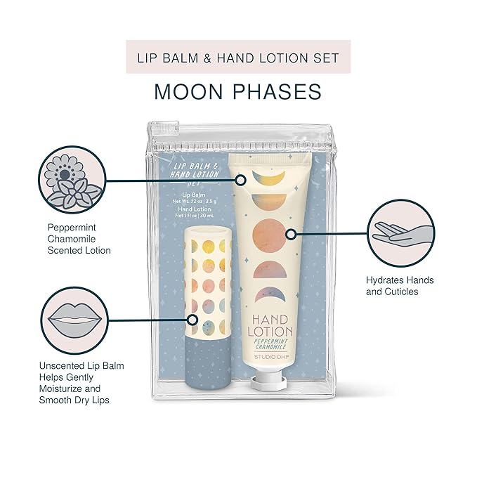 Studio Oh! Lip Balm & Hand Lotion Set - Travel-Size Toiletries, 2-Piece Gift Set - Moisturizing, Portable - Moon Phases-Velvo Beauty