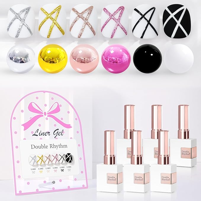 Double Rhythm 6 Pcs 15 ML Gel Liner Polish Nail Art Set Chrome Metallic Glitter Soak Off Gel Polish Kit Nail Art Manicure Salon DIY at Home for Women (Gold Silver Black White-T6-52)-Velvo Beauty