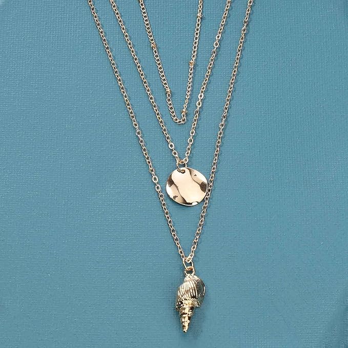 Bohemia Layered Seashell Necklace Choker Gold Coin Disc Pendant Necklace Chain Conch Shell Necklace Handmade Beachy Necklace Jewelry for Women and Girls-Velvo Beauty