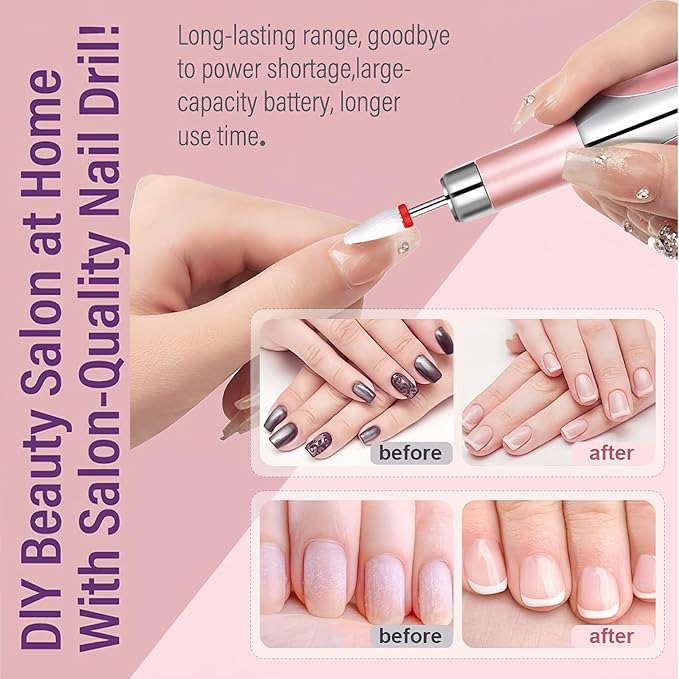 Electric Nail Drill File Cordless,Portable Rechargeable Nail File Kit for Acrylic & Gel Nails,Professional Efile for Manicure Pedicure Polishing,with 12 Nail Drill Bits 31 Sanding Bands,Rose Gold-Velvo Beauty