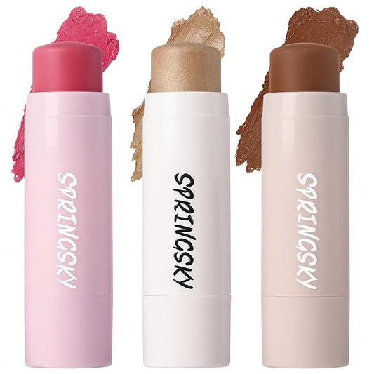 3Pcs Multi-Use Face Makeup Sticks Sets, Blendable Cream Blush Stick For Cheeks Lips, Highlighter Contour Shading Sticks Moisturizer Make Up Sets For Women (01)-Velvo Beauty