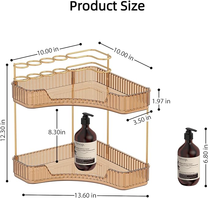 Corner Bathroom Counter Organizer with Top Toothbrush Holders, 2-Tier Make Up Organizers for Vanity with Brush Holder, Corner Storage for Bathroom, Kitchen, Dresser-Velvo Beauty