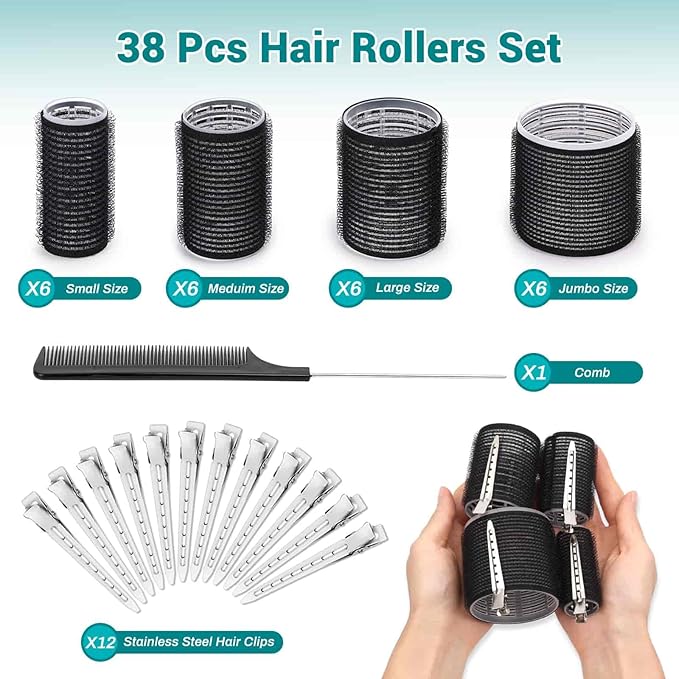 Acejoz Hair Rollers for Blowout Look, 38 Pcs Self Grip Hair Rollers Set with 4 Sizes, 12 Pcs Hair Clips, Comb and Storage Bag for Hair Volume (Black)-Velvo Beauty