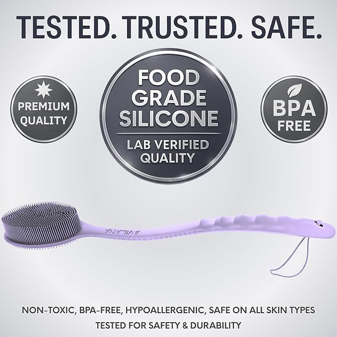 Avilana Silicone Body Scrubber – Gentle Shower Brush & Loofah Alternative- Food Grade & Lab Tested – Fast-Drying, Hygienic, BPA-Free Silicone Body Gentle Exfoliator (Lavender, Long Handle)-Velvo Beauty