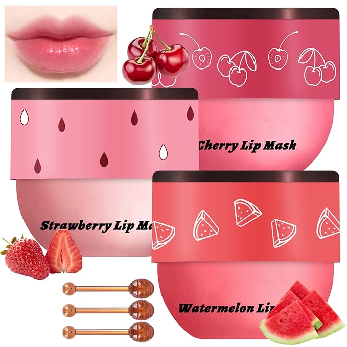 3 PCS Bee Lip Balm Honey Pot, Watermelon & Cherry & Strawberry Lip Mask Overnight Propolis Moisturizing Lip Balm Hydrating Prevention Dry and Crack Lip Scrubs Exfoliator Lip Wrinkle Care (Set C)-Velvo Beauty