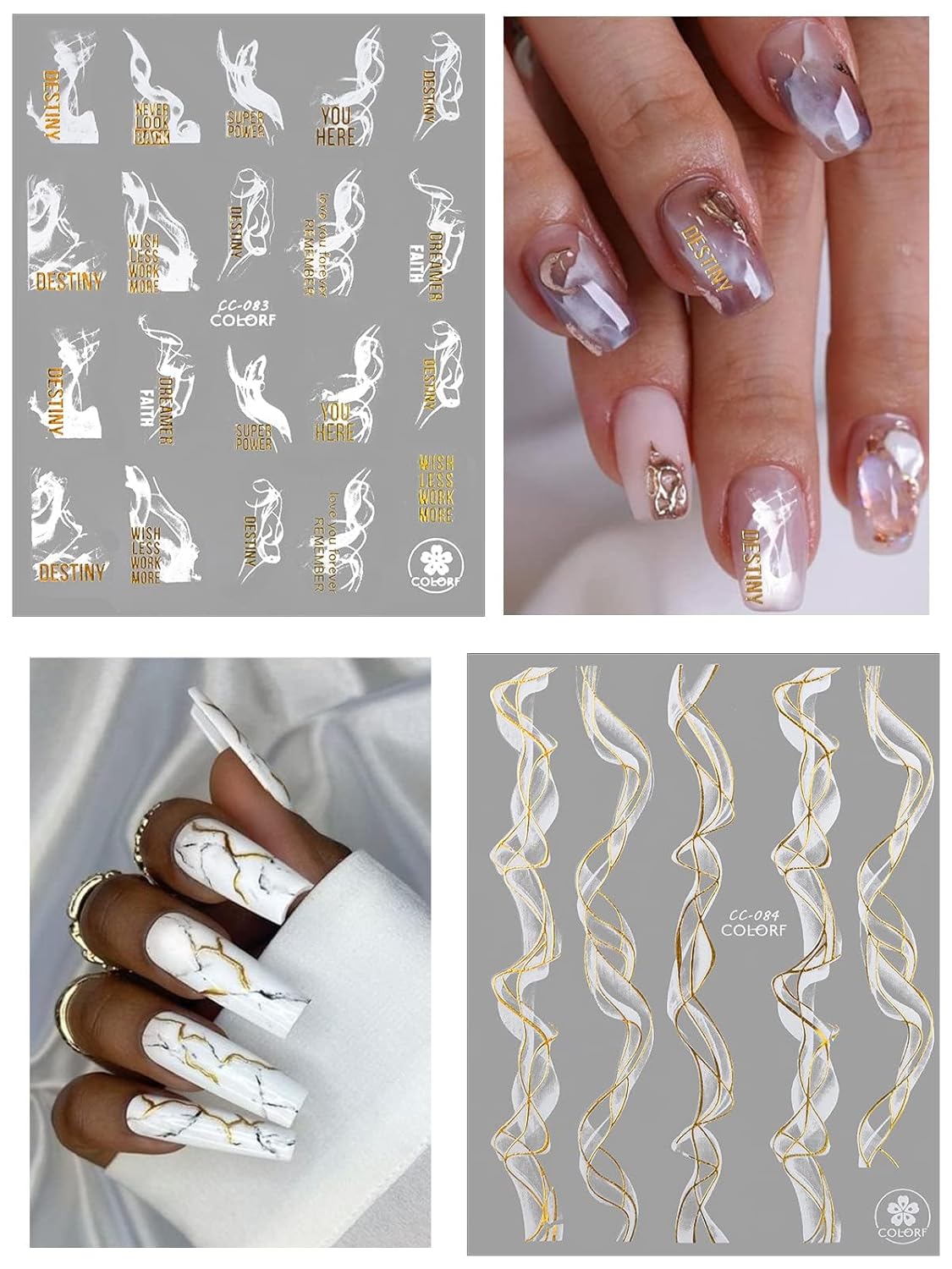 12 Sheets Nail Art Stickers Decals,TOROKOM Self-Adhesive White Black Gold Stripe Line Nail Decals Marble Wave Nail Sticker Supplies for 3D Nail Design Nail Accessories for Women French Nail Decoration-Velvo Beauty