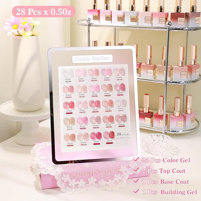 Double Rhythm 28Pcs 0.5Oz Gel Nail Polish Set Same Color Same Bottle Soak Off Gel Polish Kit Nail Art Manicure Salon DIY at Home for Women (Jelly Sheer Clear Collection-T24-8)-Velvo Beauty