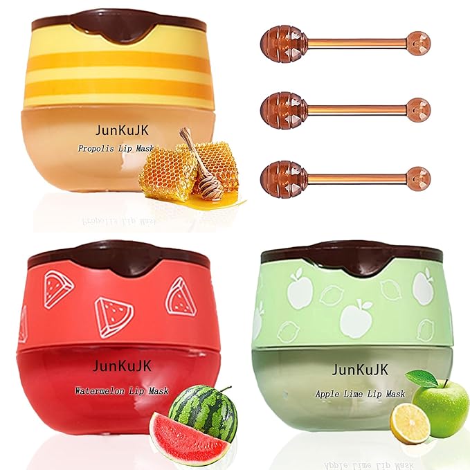 3 Pcs Bee Lip Balm Honey Pot with Stick,Moisturizing Lip Mask Overnight,Day and Night Tinted Sleeping Lip Balm,Hydrating Lip Scrubs Exfoliator & Moisturizer-Velvo Beauty