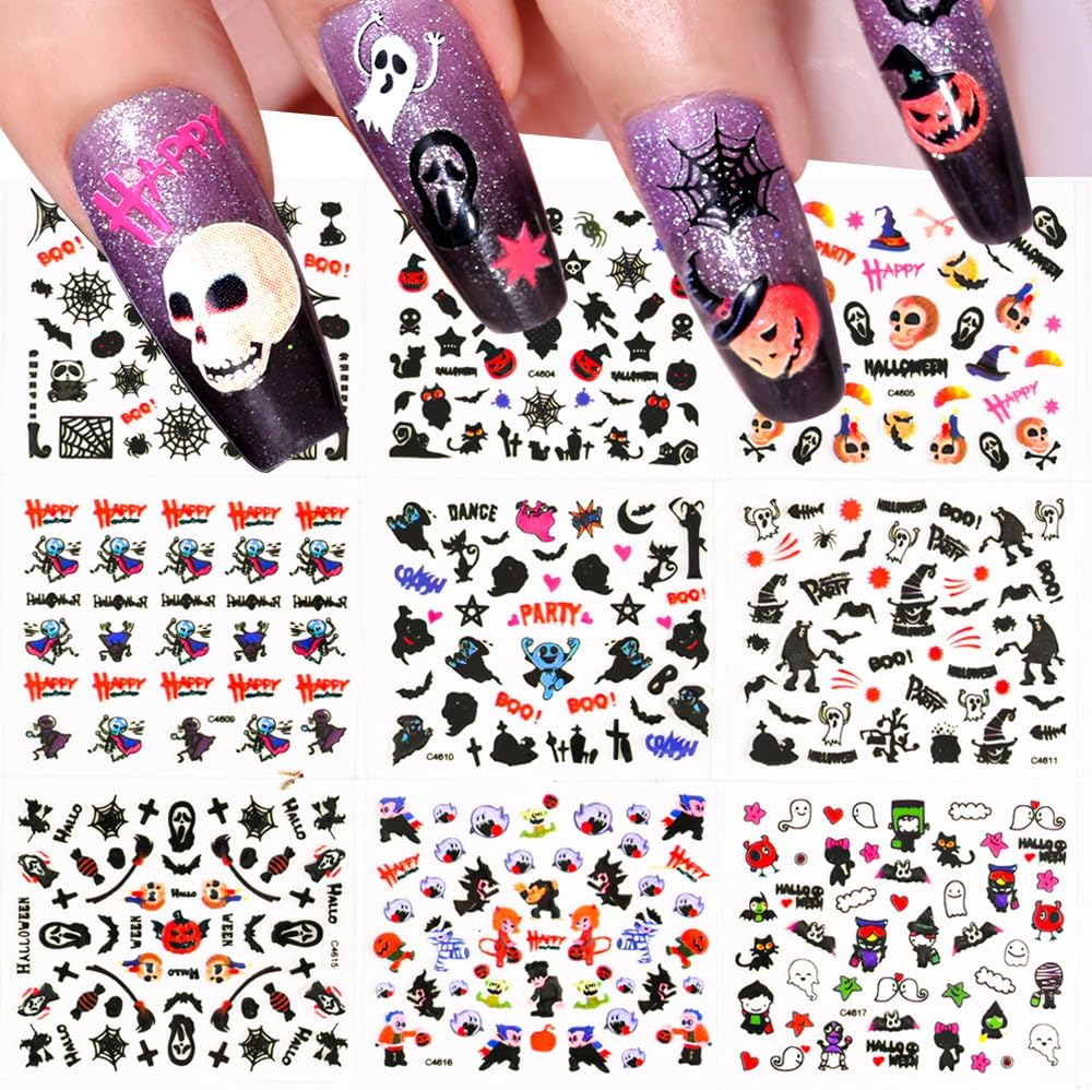 30 Sheets Halloween Nail Stickers Pumpkin Ghost Face Nail Charms Decals 3D Self Adhesive Spider Web Cat Bat Manicure Art Sticker for Acrylic Nails DIY Decorations-Velvo Beauty
